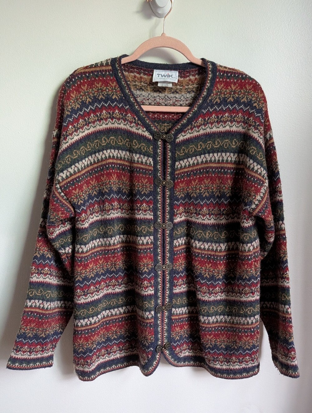 VINTAGE Multi-Colored Fair Isles Warm Cabin Wool Knit Cardigan Size Medium